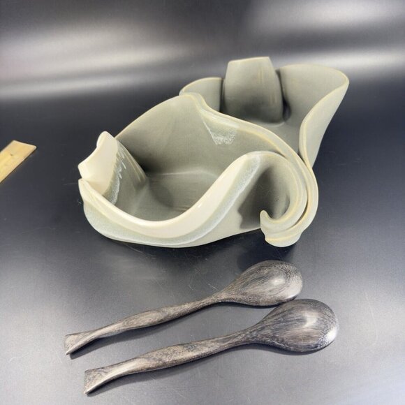 HILBORN Canada Art Pottery Chip And Dip Salsa Double Bowl Dish Signed W Spoons - Picture 6 of 16